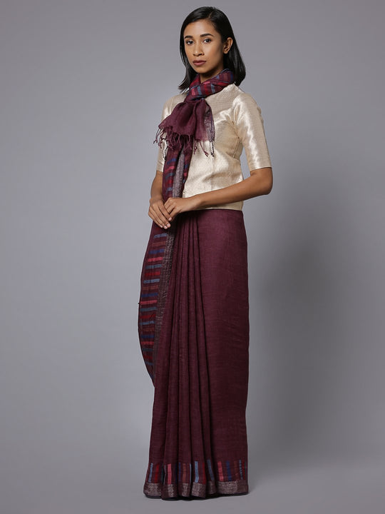 Wine color jamdani handloom linen saree