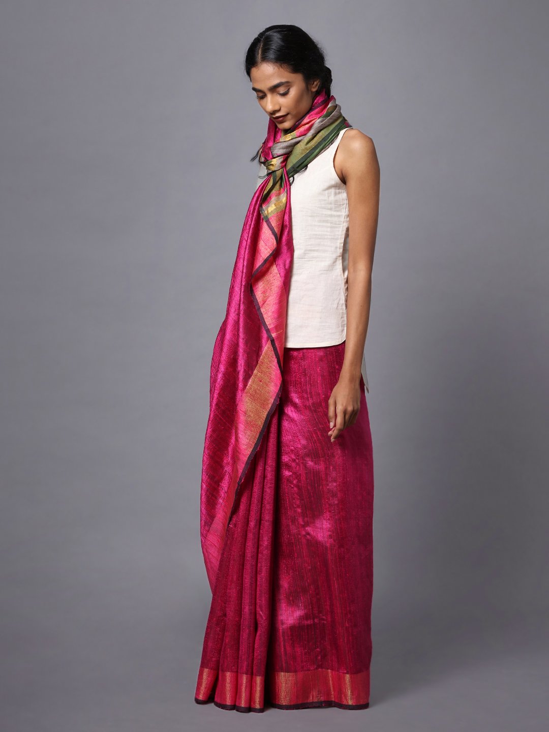 Magenta pink handloom tussar silk saree
