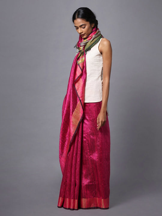 Magenta pink handloom tussar silk saree