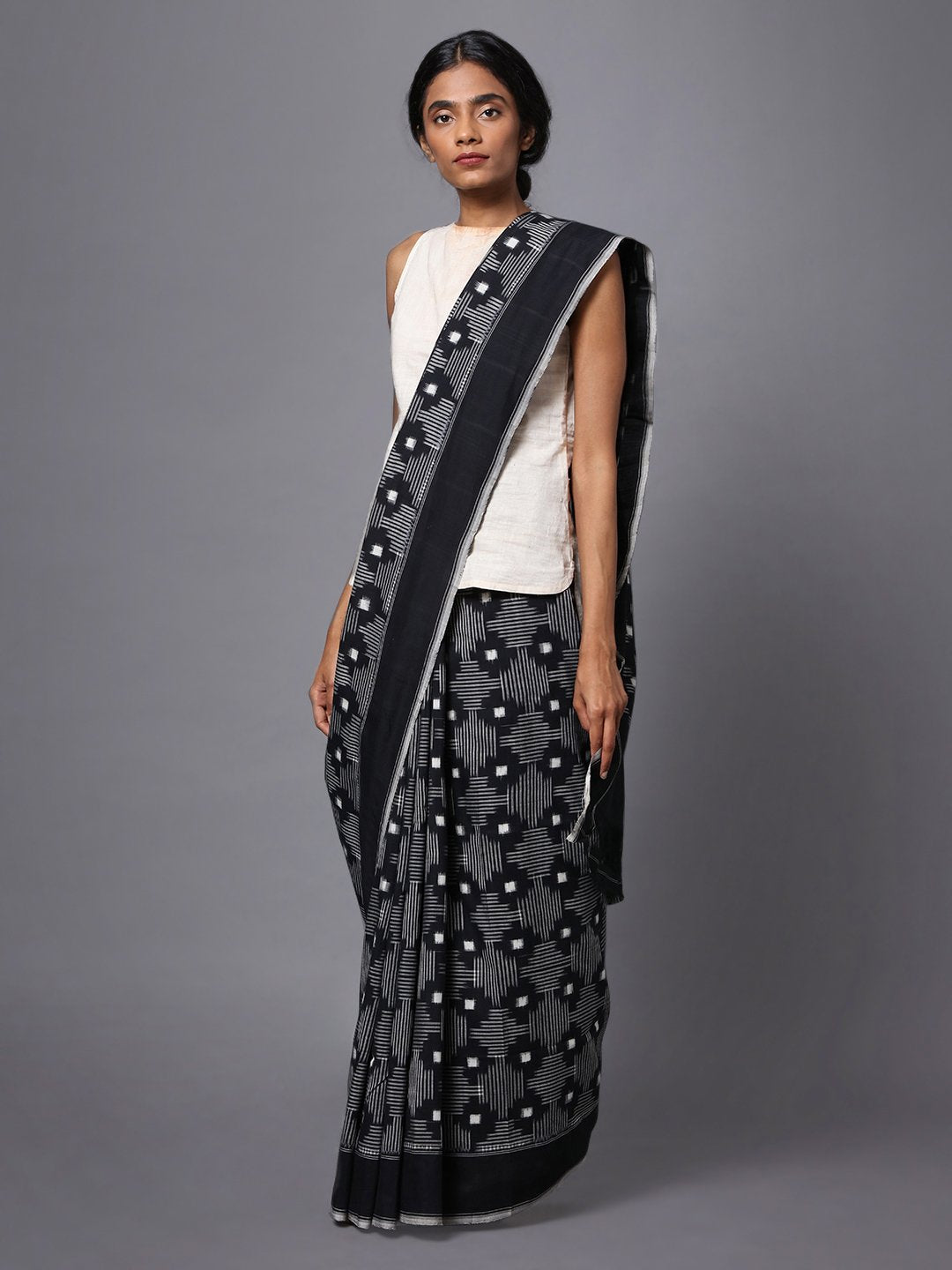 Black pochampally ikat handloom cotton saree