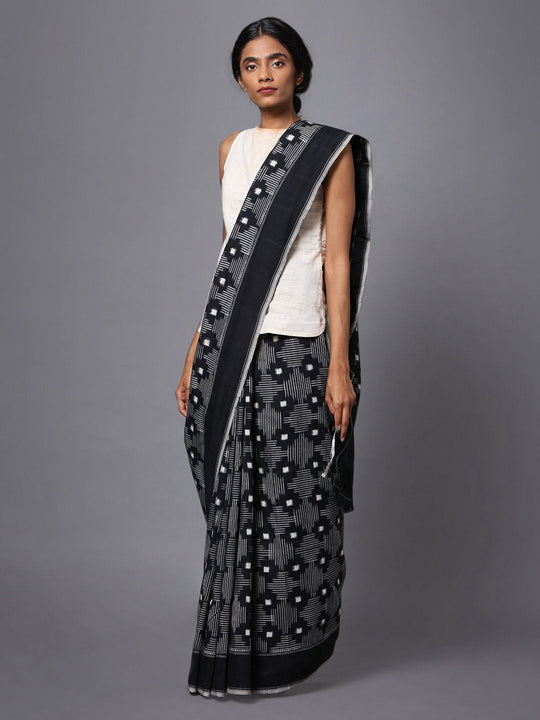 Black pochampally ikat handloom cotton saree