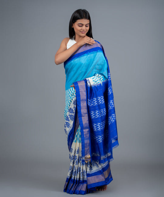 White blue handwoven pochampally ikat saree