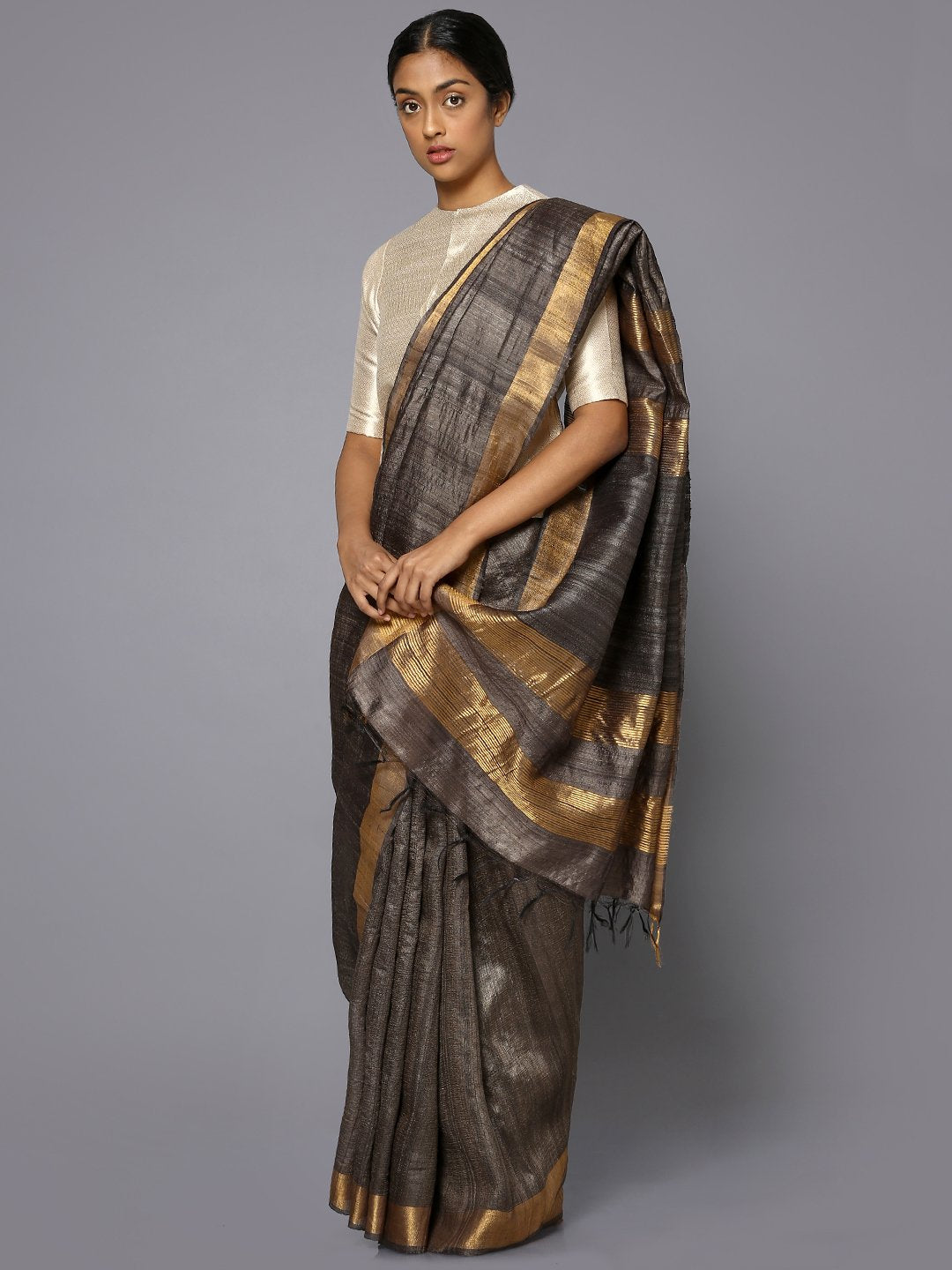Copperish grey tussar silk saree