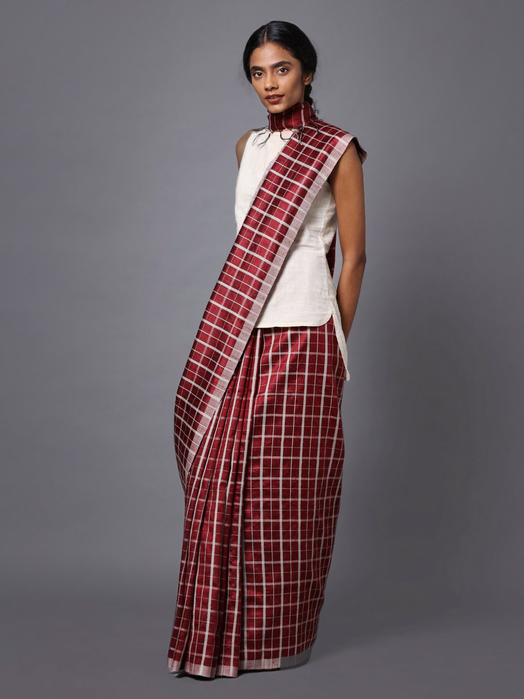 Burgundy checks handloom tussar silk saree
