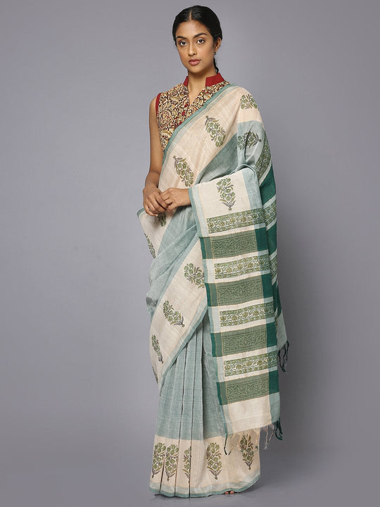 Light blue cotton block print saree