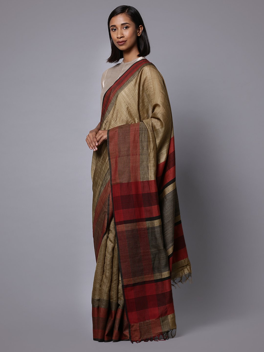 Brown tussar silk handloom saree