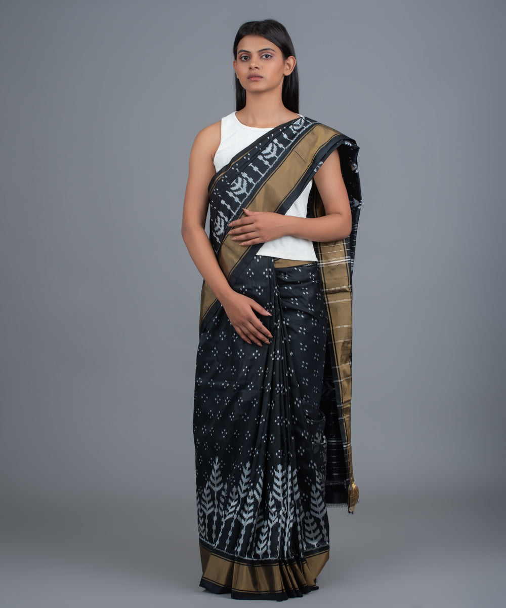 Black white handwoven pochampally ikat saree