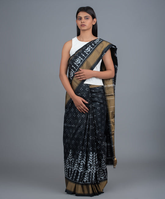 Black white handwoven pochampally ikat saree