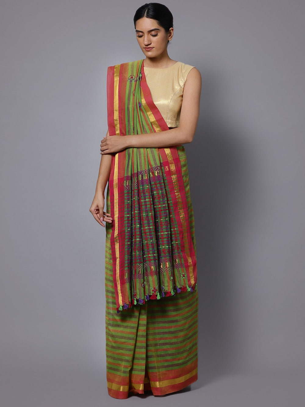 Lime green hand embroidery cotton saree