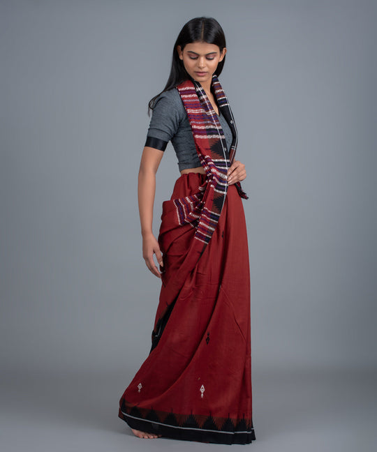 Maroon black handwoven fish motifs cotton kotpad saree