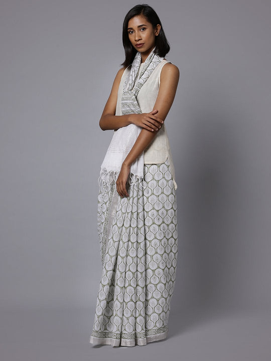 White cotton handblock print saree
