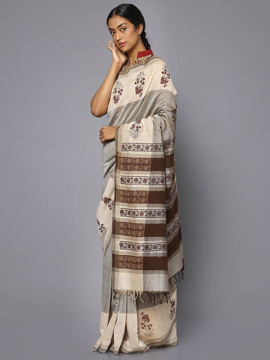 Light grey block print cotton saree