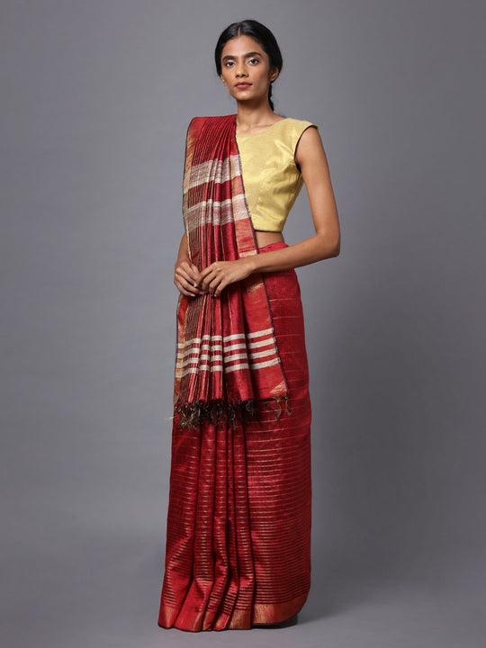 Red maroon handloom tussar silk saree