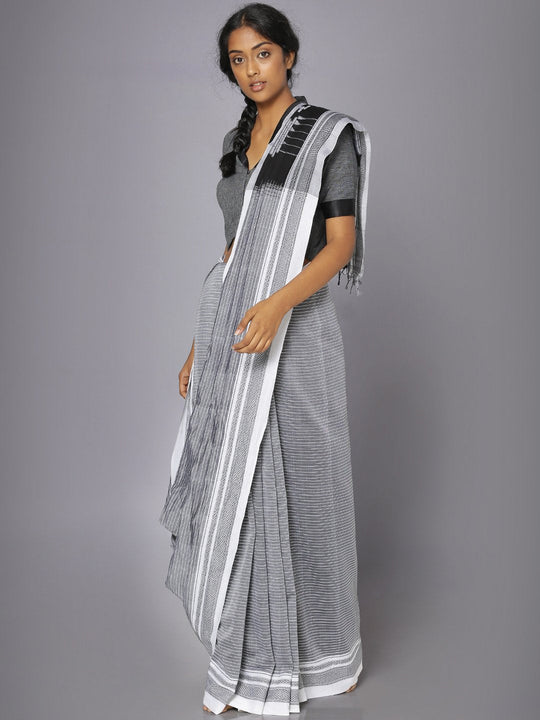 White striped grey ilkal cotton saree