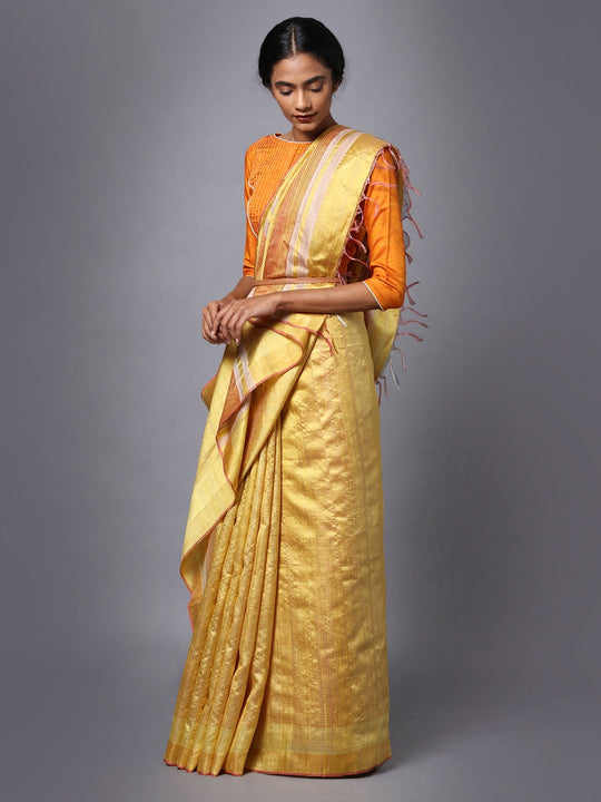 Golden cream handloom tussar silk saree