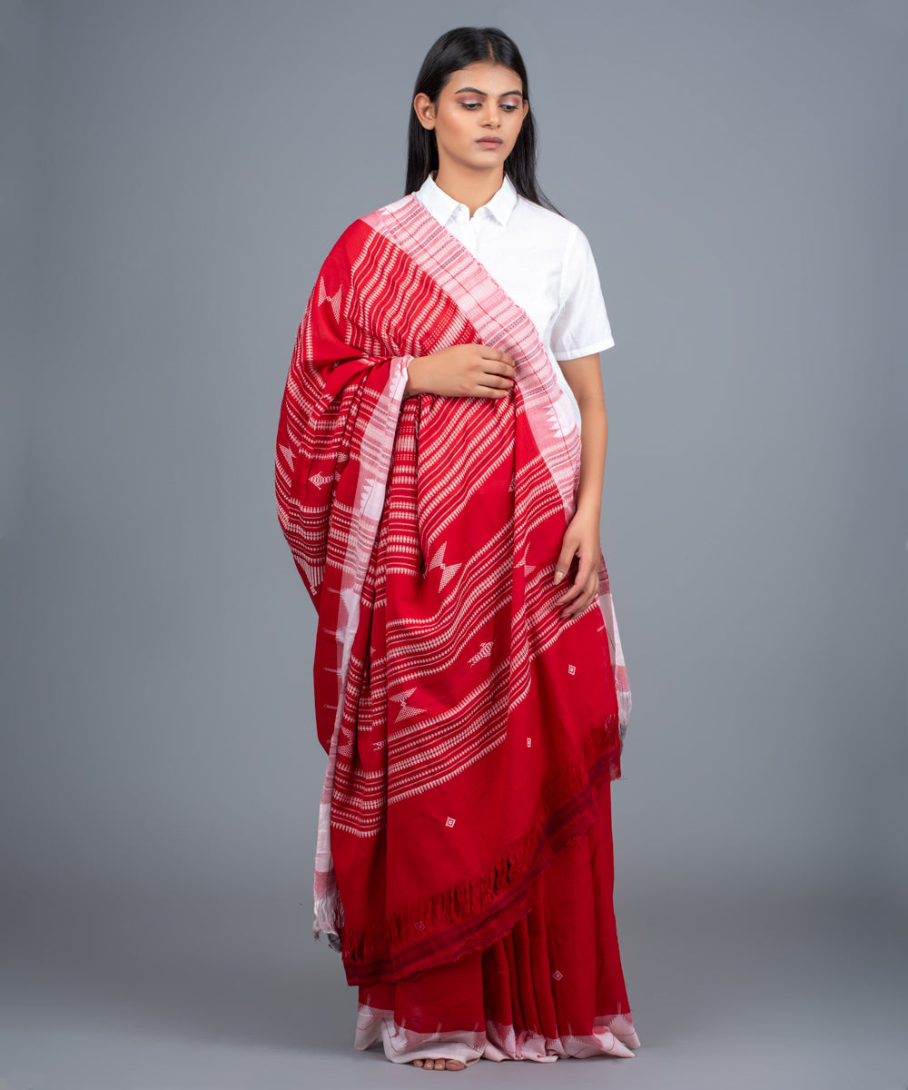 Red white handwoven cotton kotpad saree