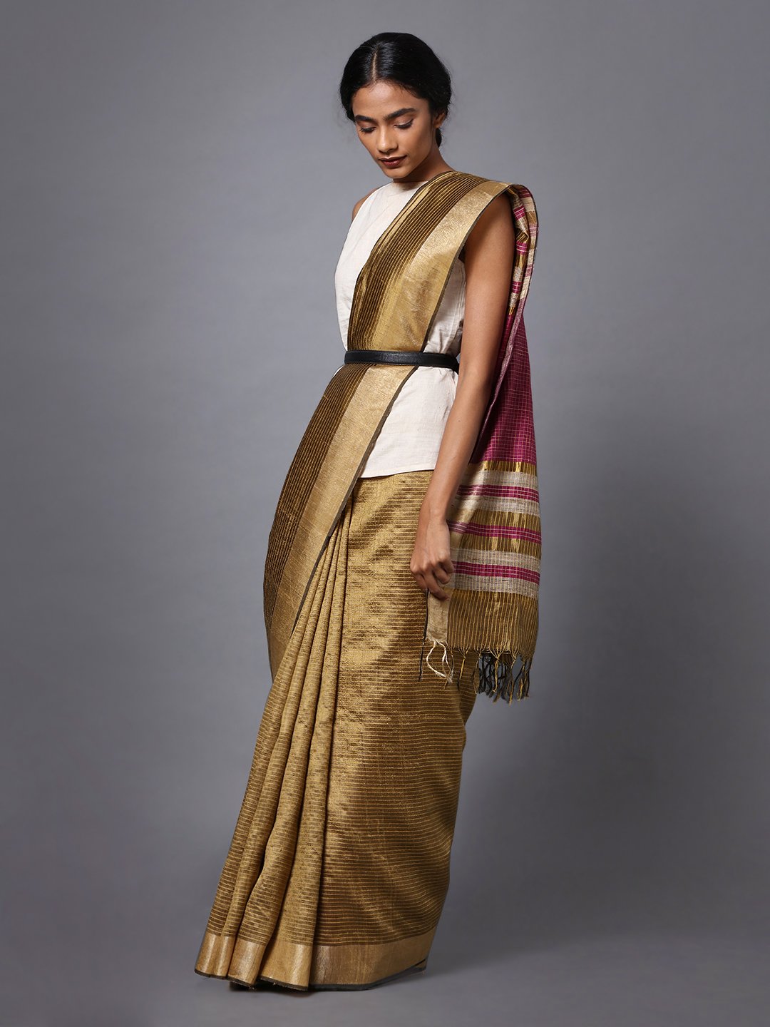 Olive brown handloom tussar silk saree