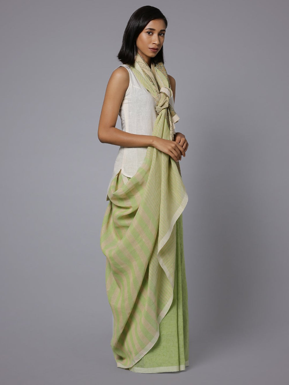 Handblock printed light green cotton saree