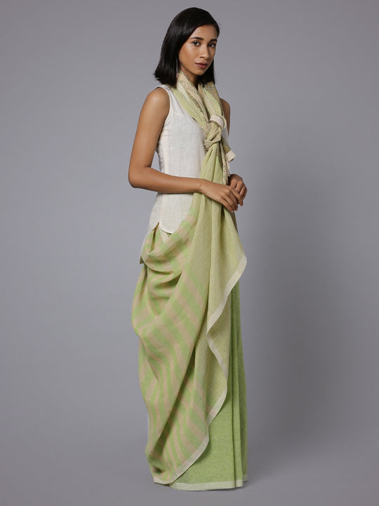 Handblock printed light green cotton saree