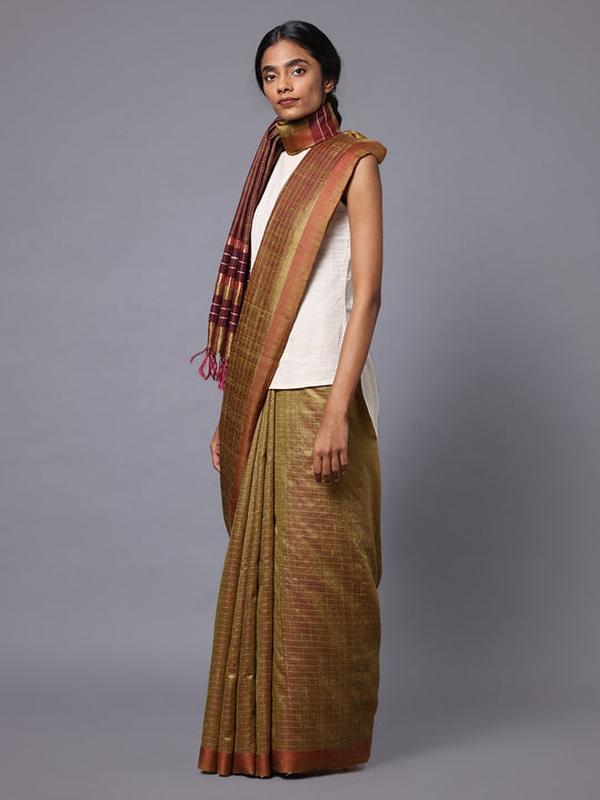 Olive green handloom tussar silk saree