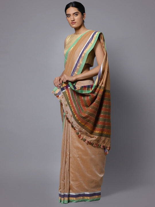 Beige hand embroidery cotton saree