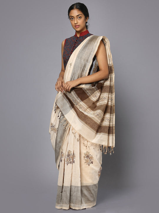 Off white & brown block print cotton saree