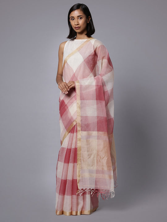 Peach white checks handloom cotton silk saree