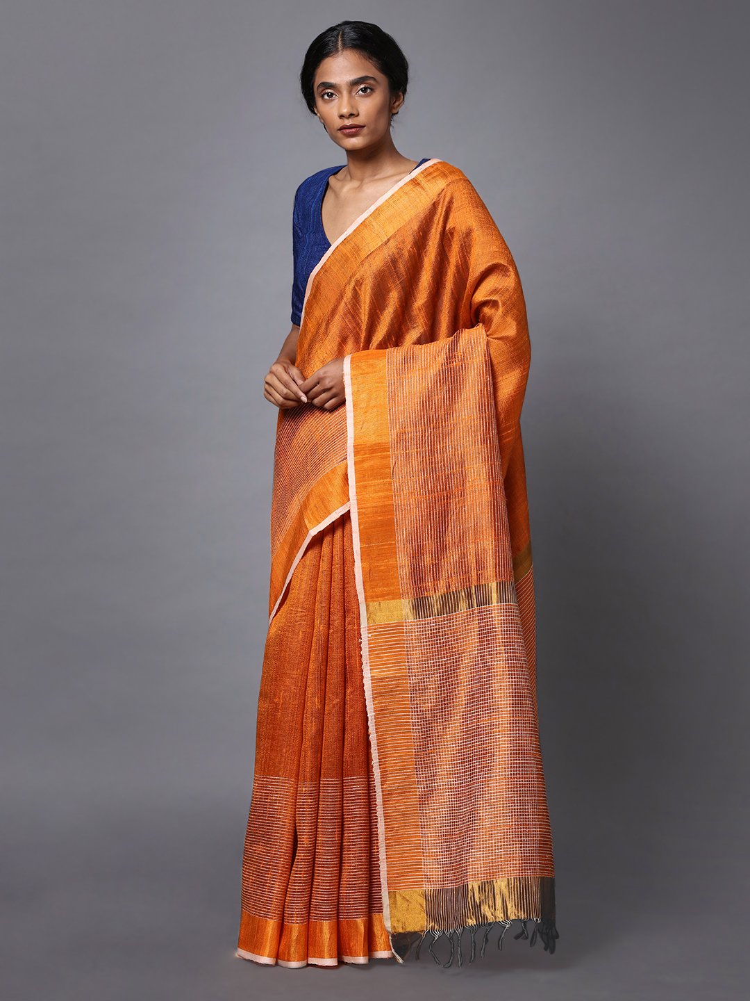 Orange handloom tussar silk saree