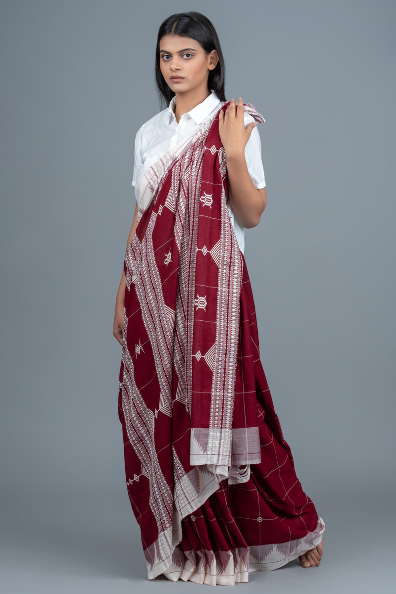 Maroon white handwoven cotton kotpad saree