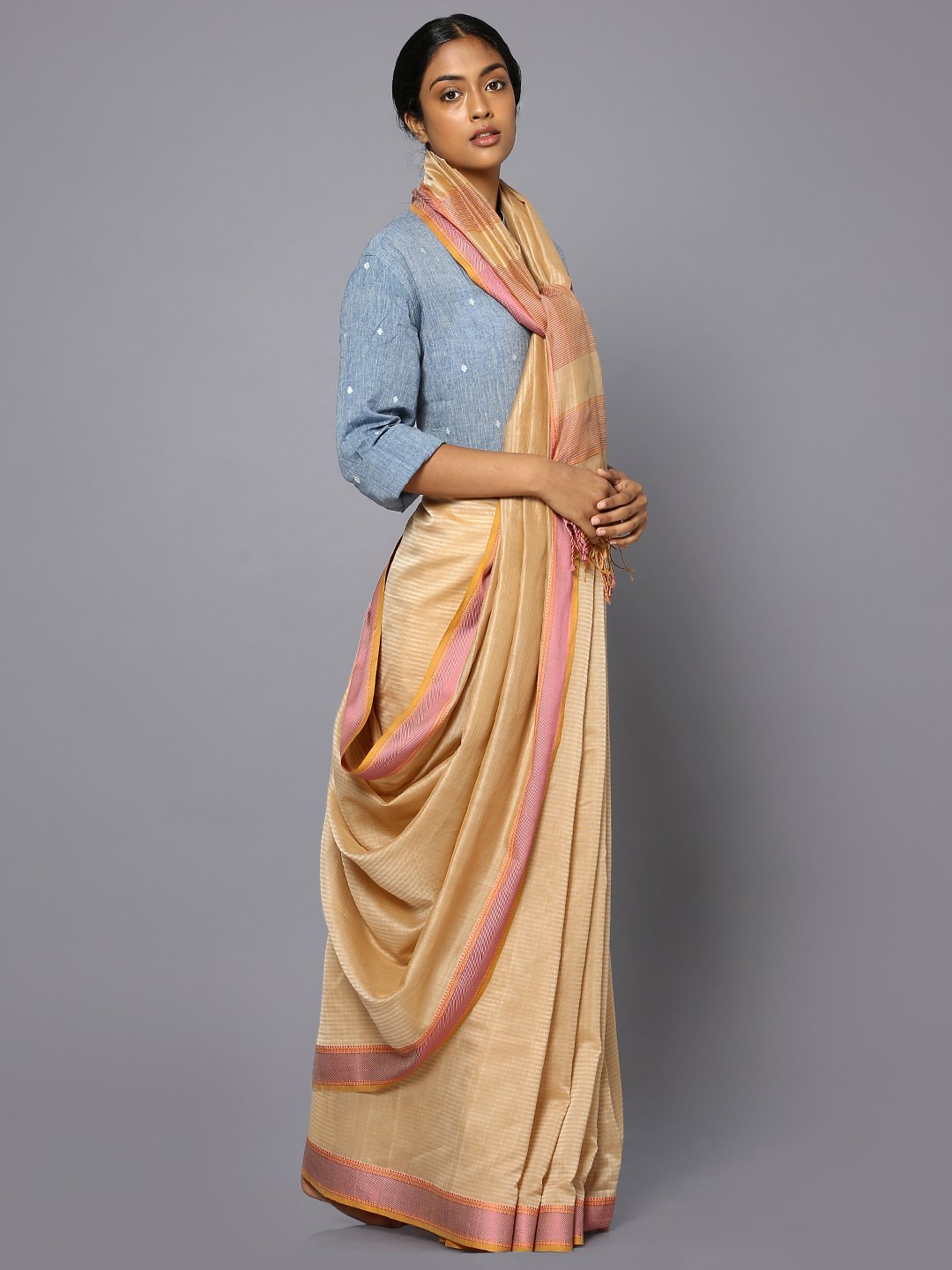 Striped beige silk cotton maheshwari saree