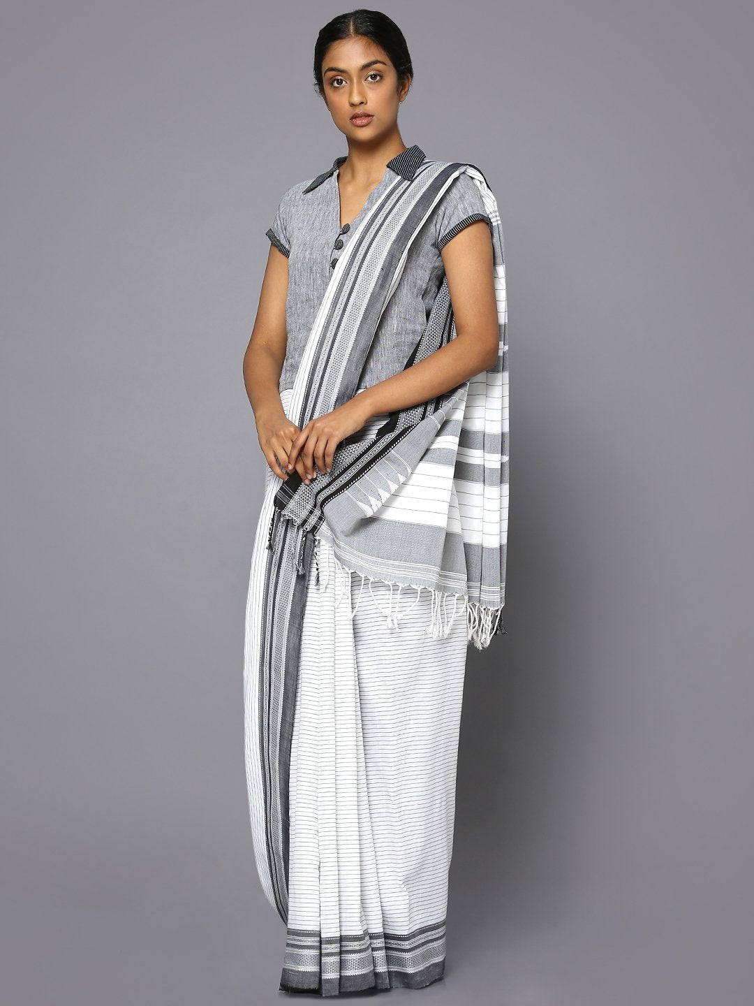 Grey striped white ilkal cotton saree