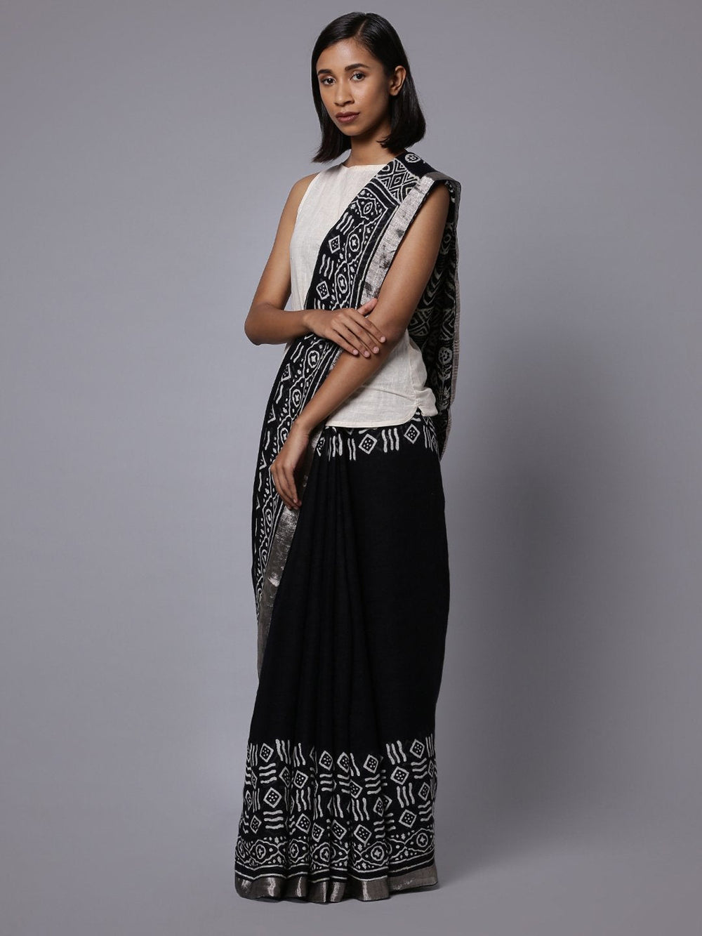 Handblock black print linen saree