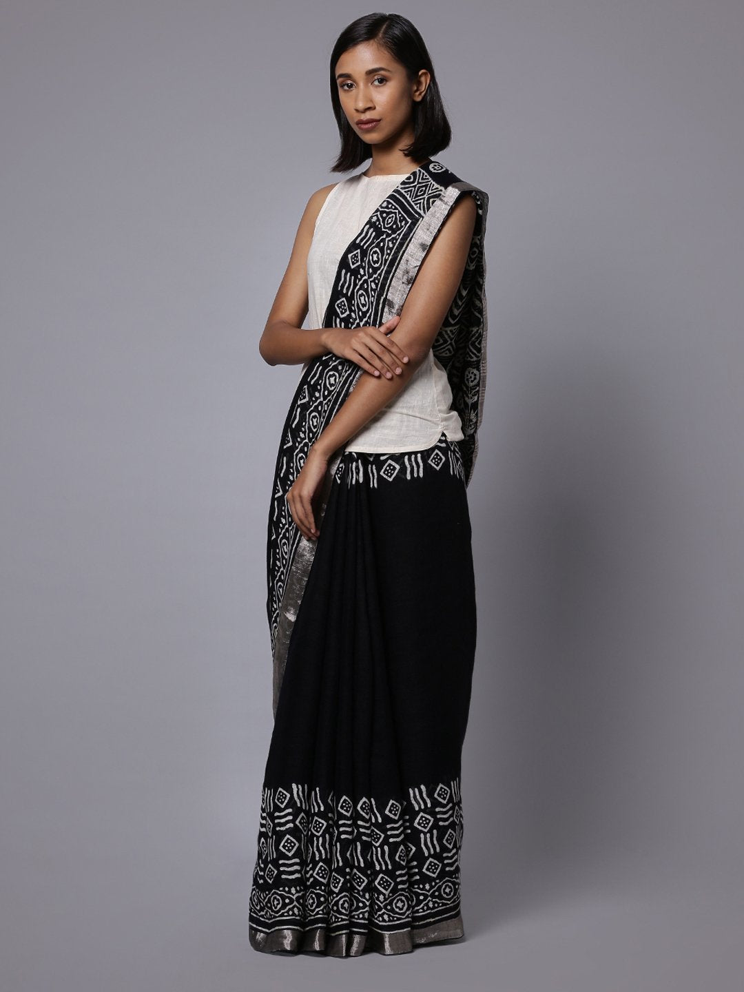 Handblock black print linen saree