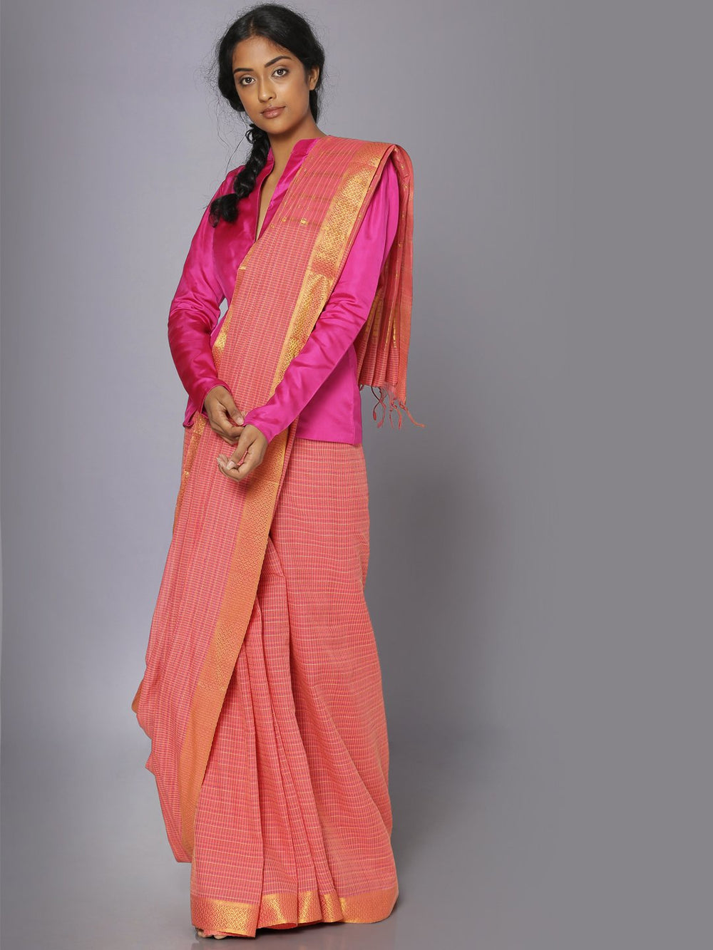 Coral pink mangalgiri cotton saree