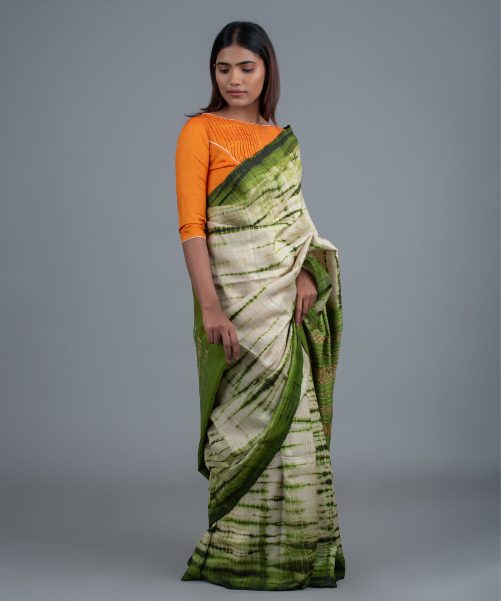 Green handspun shibori ikat gopalpur tussar silk saree