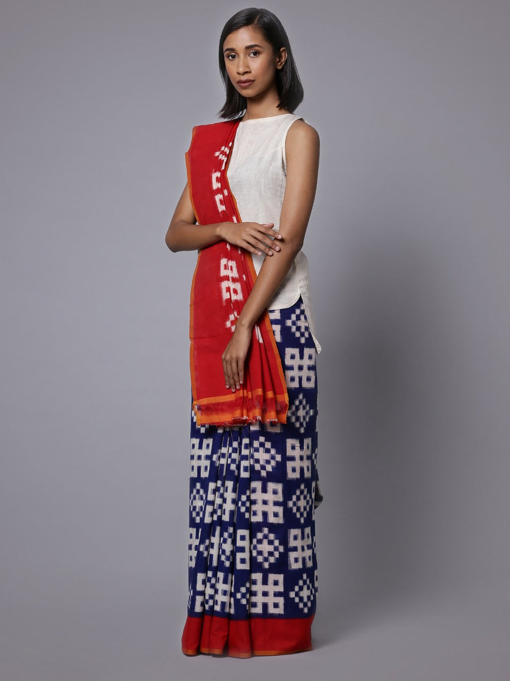Blue red ikat handloom cotton saree