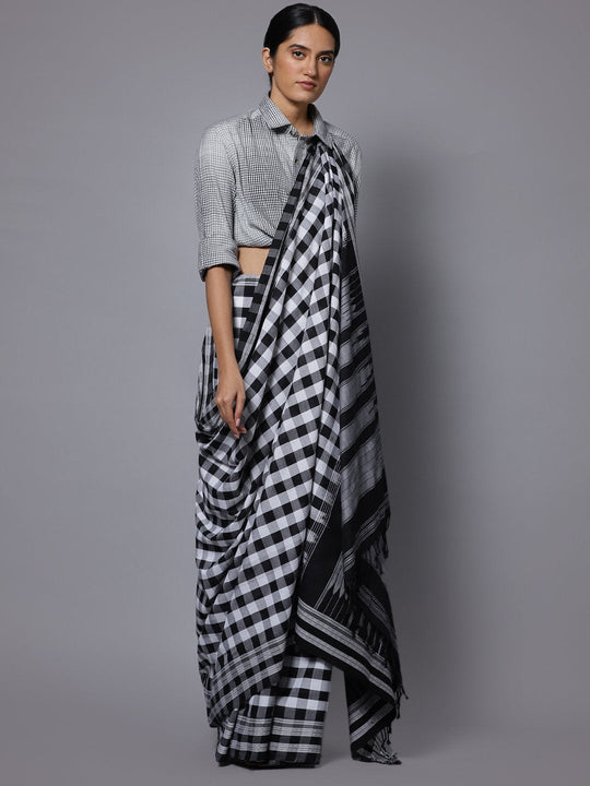 Black white checks ilkal handloom saree