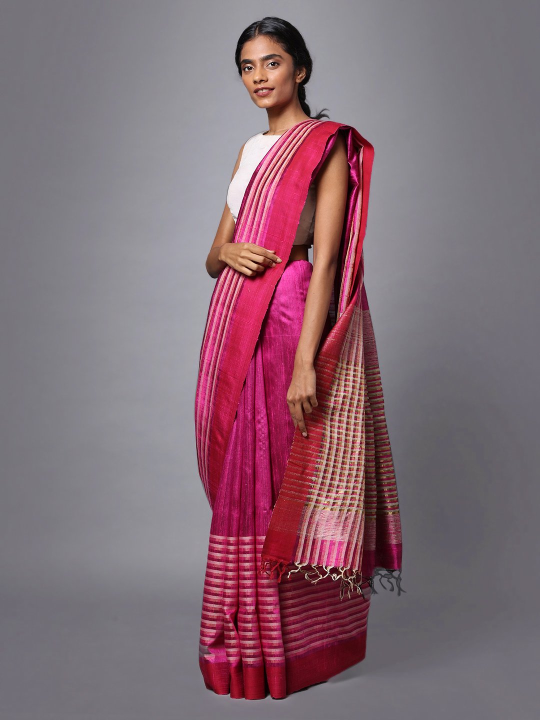 Pink striped handloom tussar silk saree