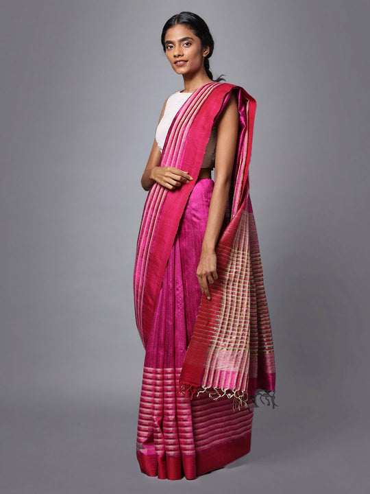 Pink striped handloom tussar silk saree