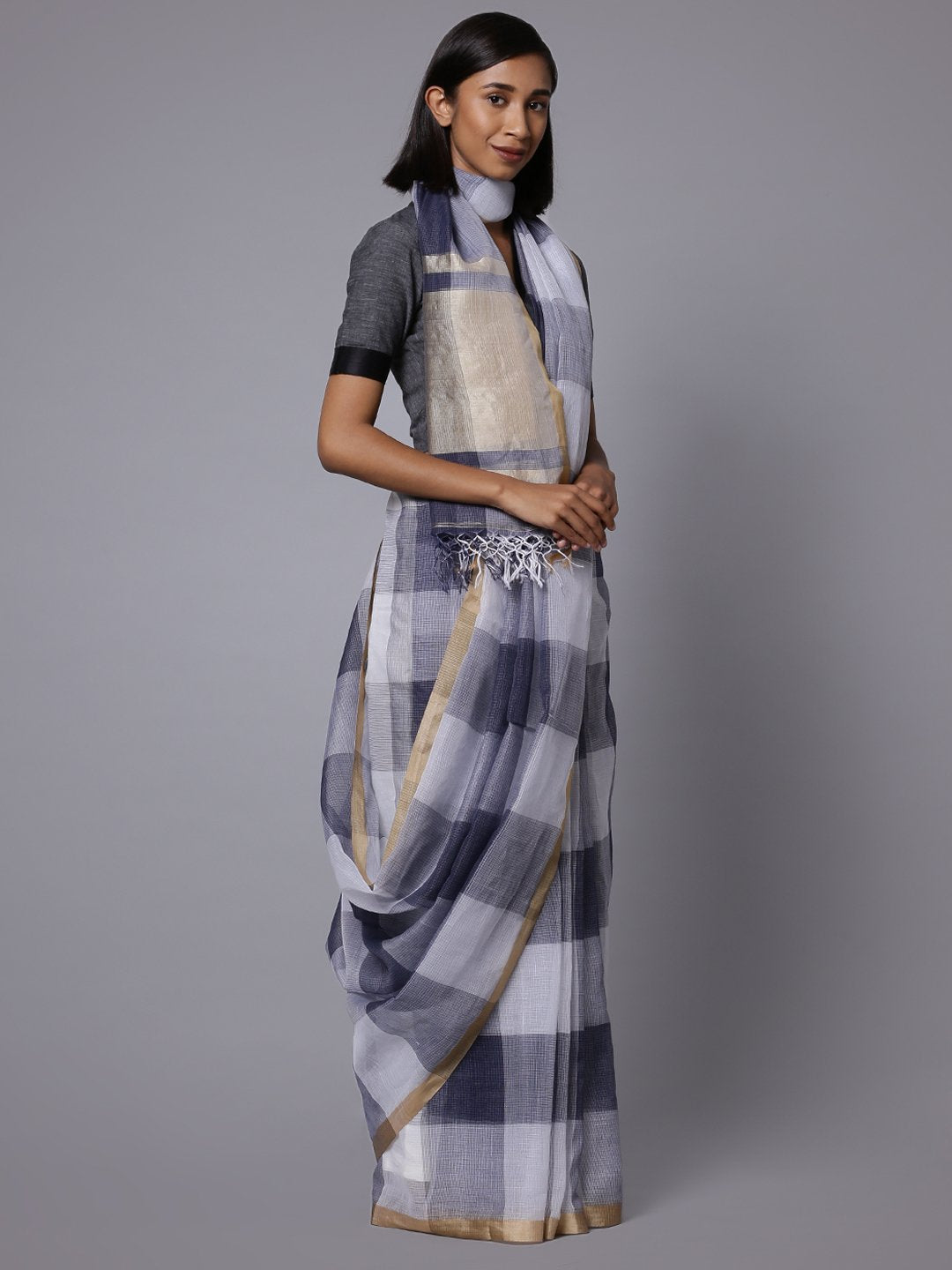 Blue white checks handloom cotton silk saree