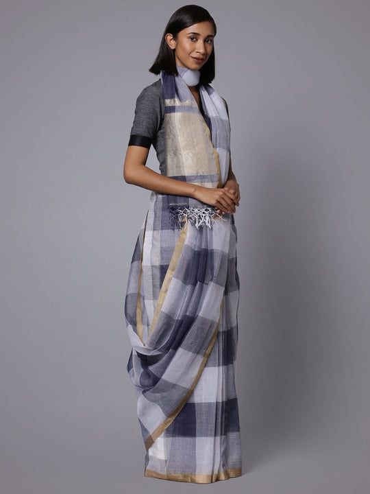 Blue white checks handloom cotton silk saree