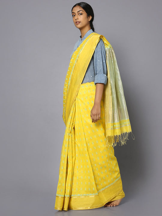 Yellow silk cotton printed maheshwari saree