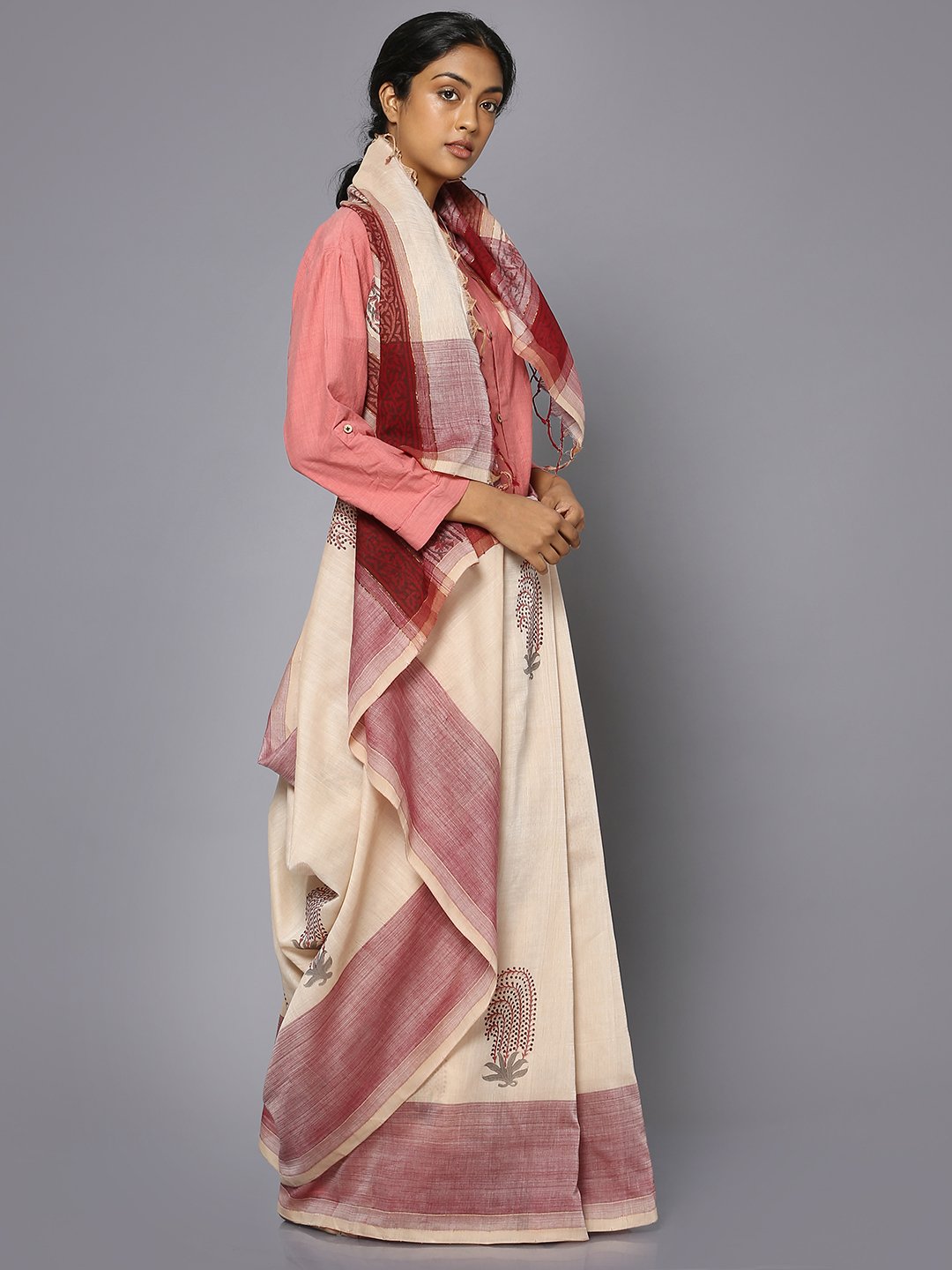 Off white & maroon block print cotton saree