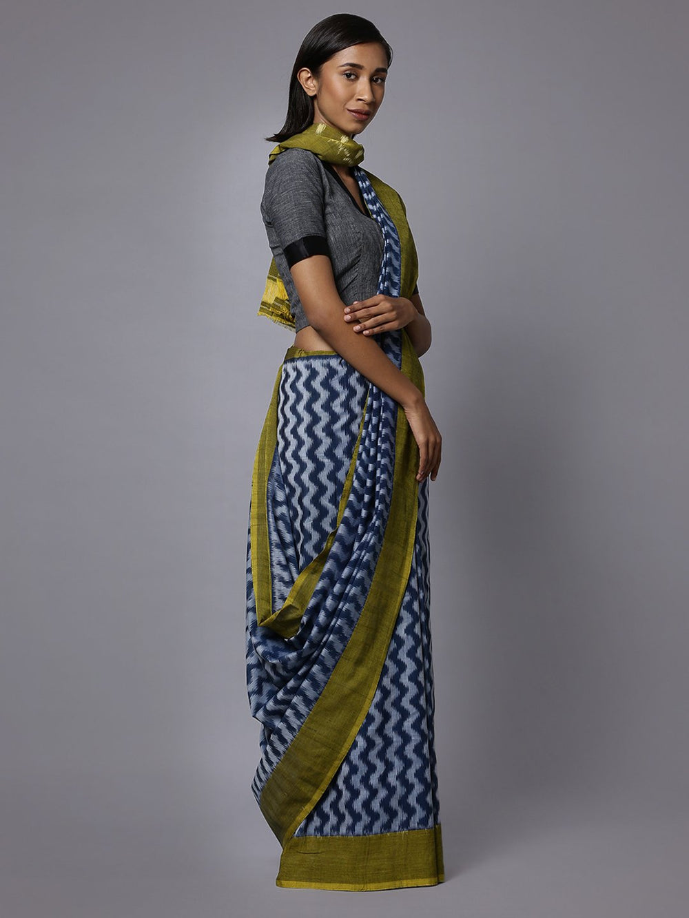Ikat blue grey handloom cotton saree