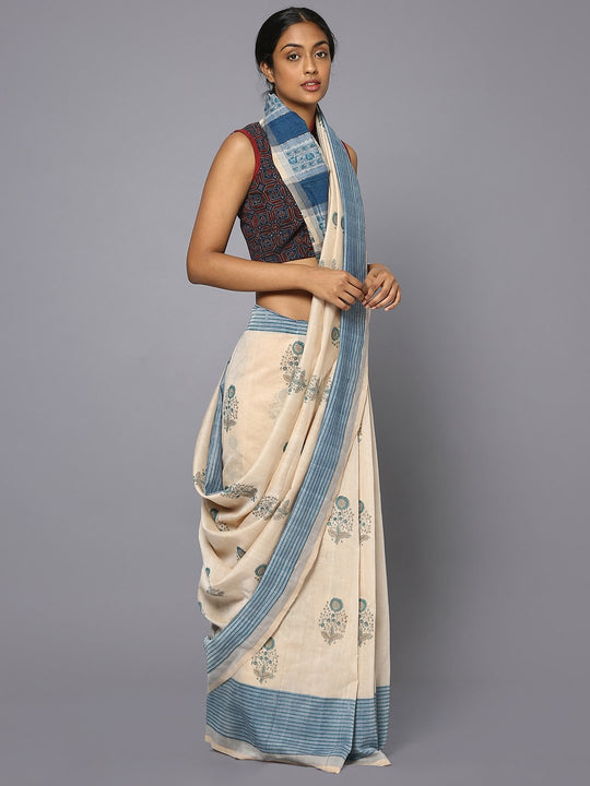 Off white block print cotton saree