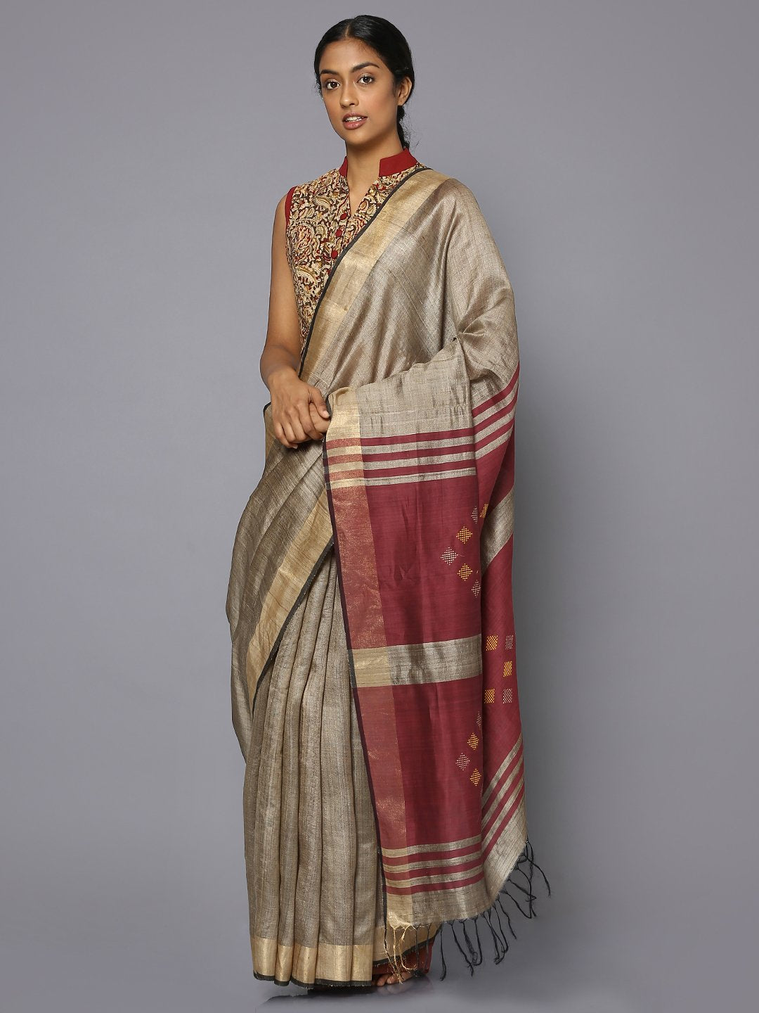 Greyish silver tussar silk saree