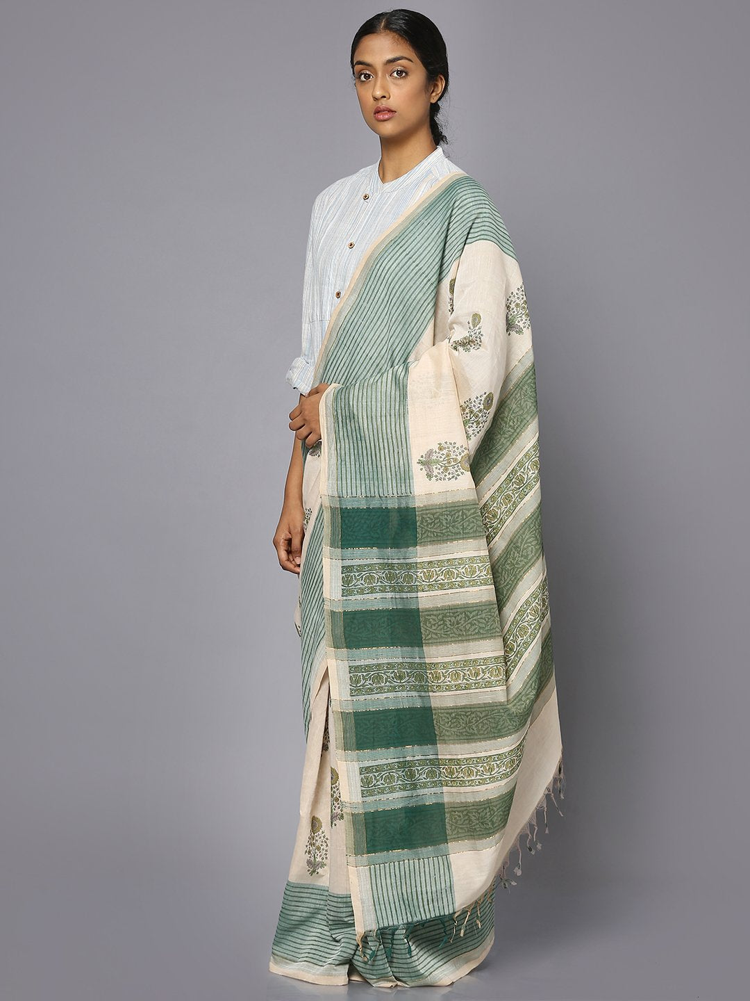 Off white & green block print cotton saree