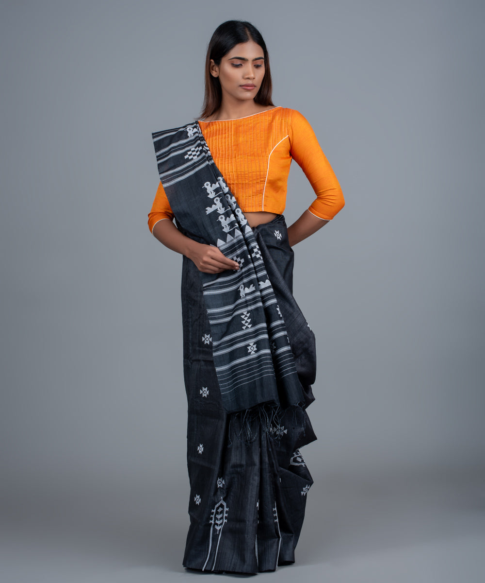 Charcoal black handwoven jala gopalpur tussar saree