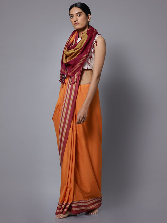Orange ilkal handloom cotton saree