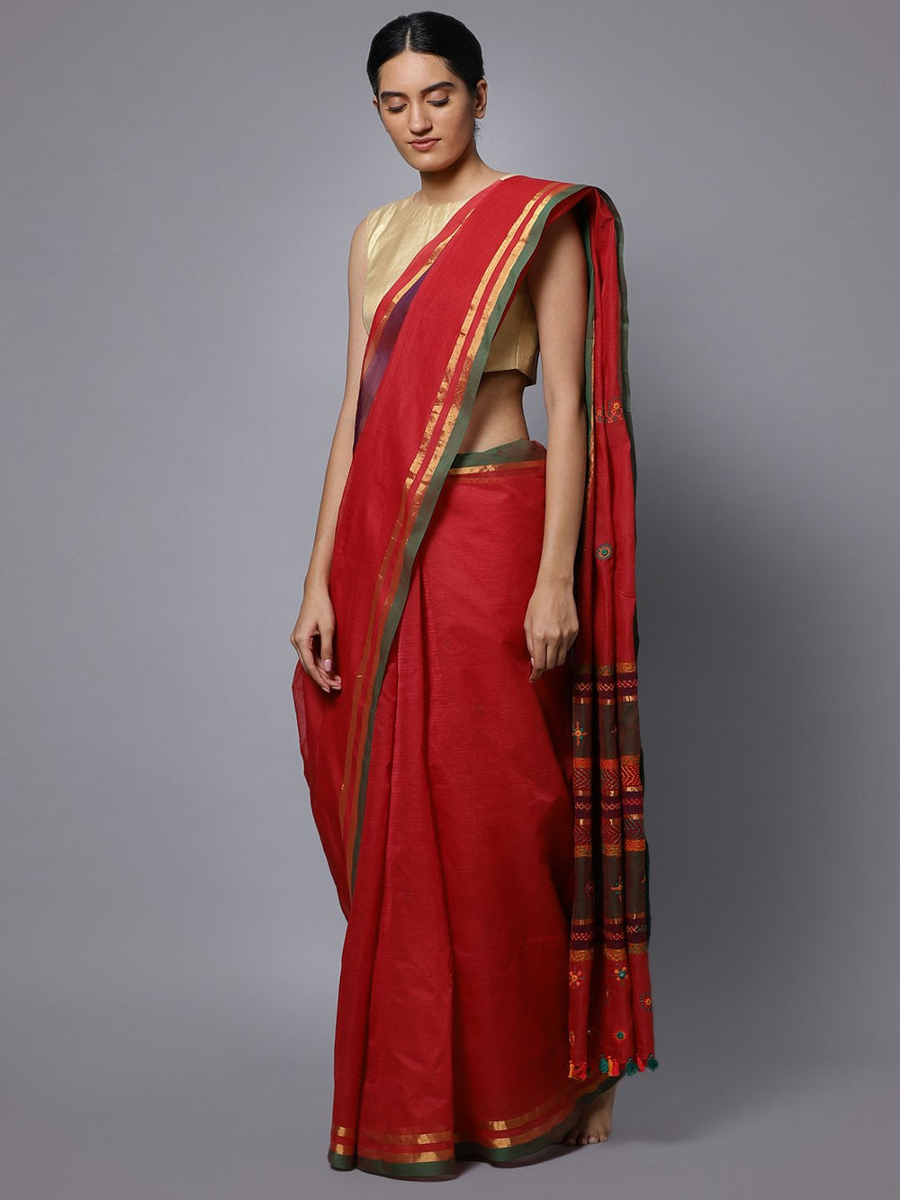 Red hand embroidery cotton saree